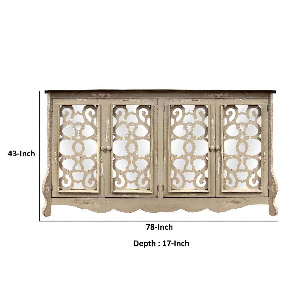 Storage Console with 4 Doors and Scrolled Mirror Trim, Antique White and Silver - UPT-262894