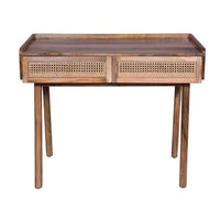 39 Inch Handcrafted Mango Wood Farmhouse Writing Desk, 2 Rattan Front Drawers, Oak Brown - UPT-263594