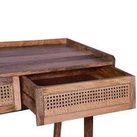 39 Inch Handcrafted Mango Wood Farmhouse Writing Desk, 2 Rattan Front Drawers, Oak Brown - UPT-263594