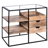 35 Inch Handcrafted Modern Glass Table, Storage Shelves, 3 Drawers, Metal Frame, Natural Brown and Black - UPT-263596