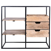 35 Inch Handcrafted Modern Glass Table, Storage Shelves, 3 Drawers, Metal Frame, Natural Brown and Black - UPT-263596