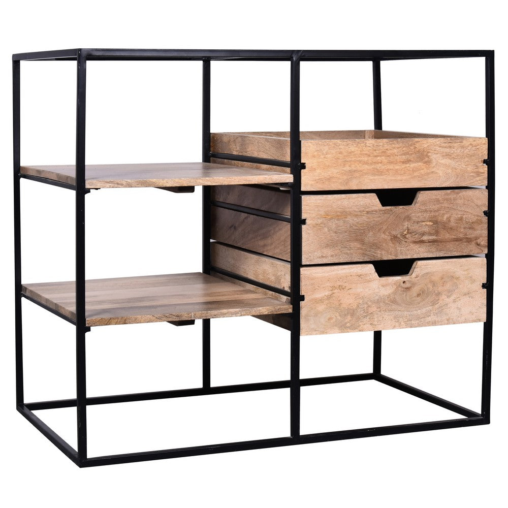 35 Inch Handcrafted Modern Glass Table, Storage Shelves, 3 Drawers, Metal Frame, Natural Brown and Black - UPT-263596