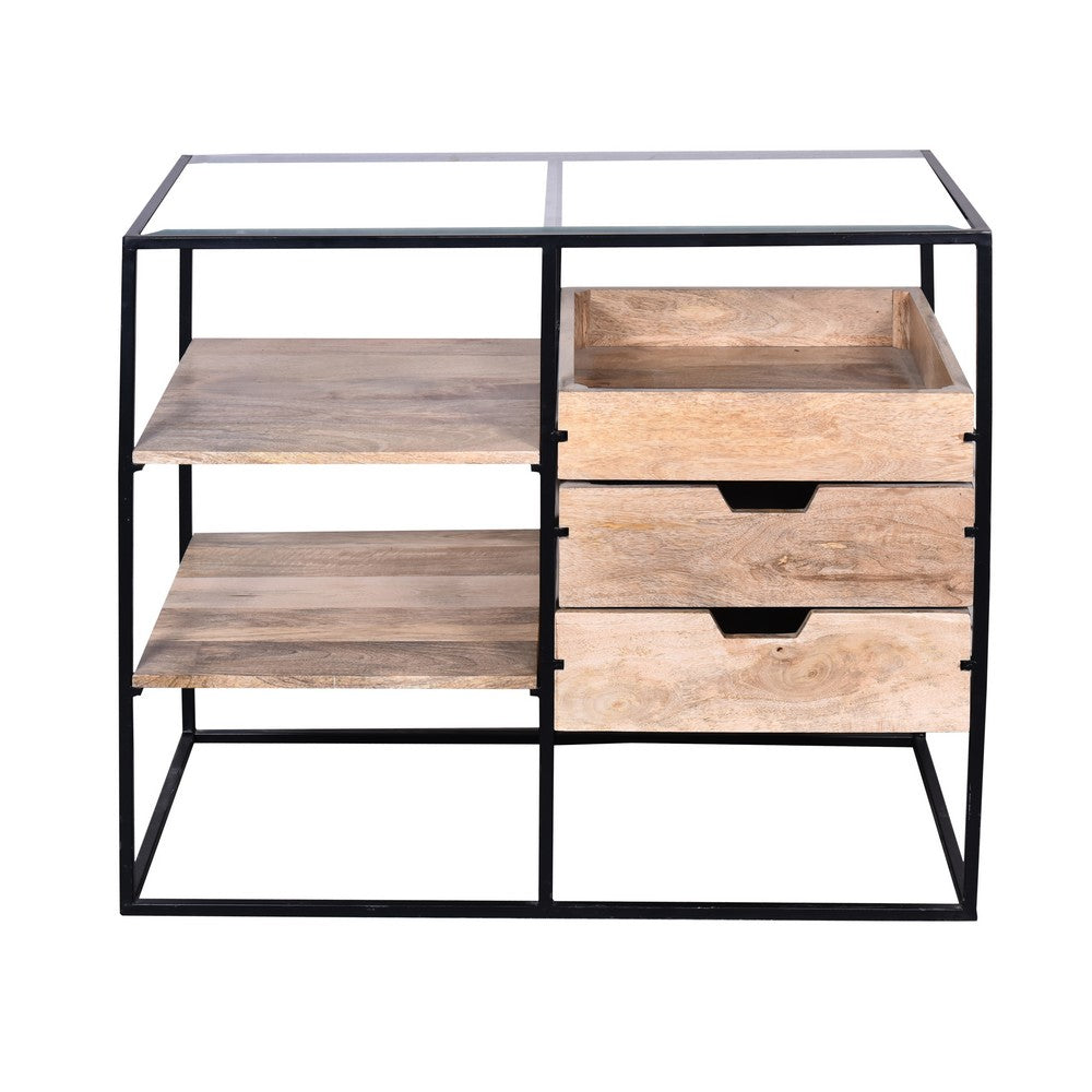 35 Inch Handcrafted Modern Glass Table, Storage Shelves, 3 Drawers, Metal Frame, Natural Brown and Black - UPT-263596