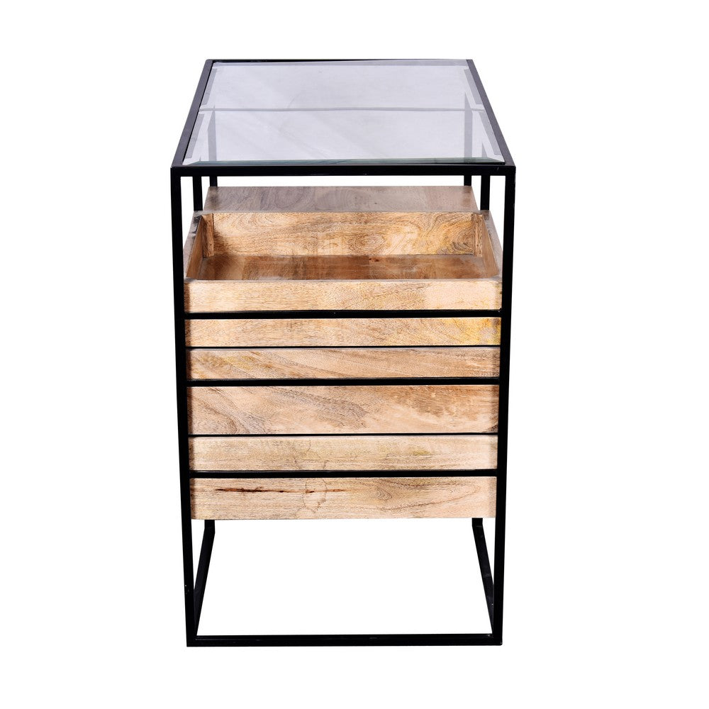 35 Inch Handcrafted Modern Glass Table, Storage Shelves, 3 Drawers, Metal Frame, Natural Brown and Black - UPT-263596