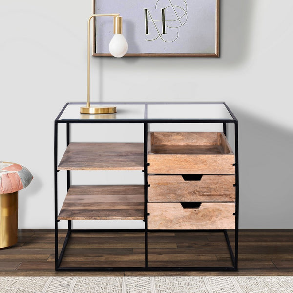 35 Inch Handcrafted Modern Glass Table, Storage Shelves, 3 Drawers, Metal Frame, Natural Brown and Black - UPT-263596