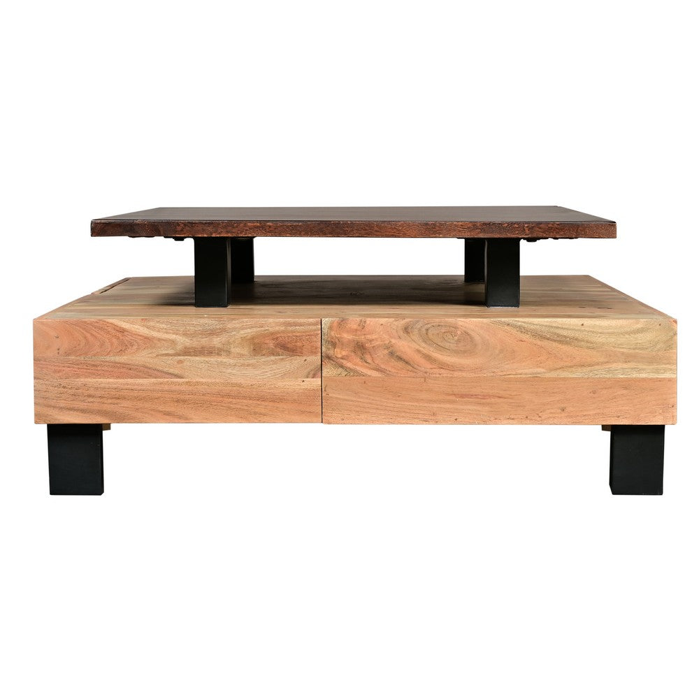 36 Inch Acacia Coffee Table, Handcrafted Modern Industrial Design, Two Tone Light And Dark Brown