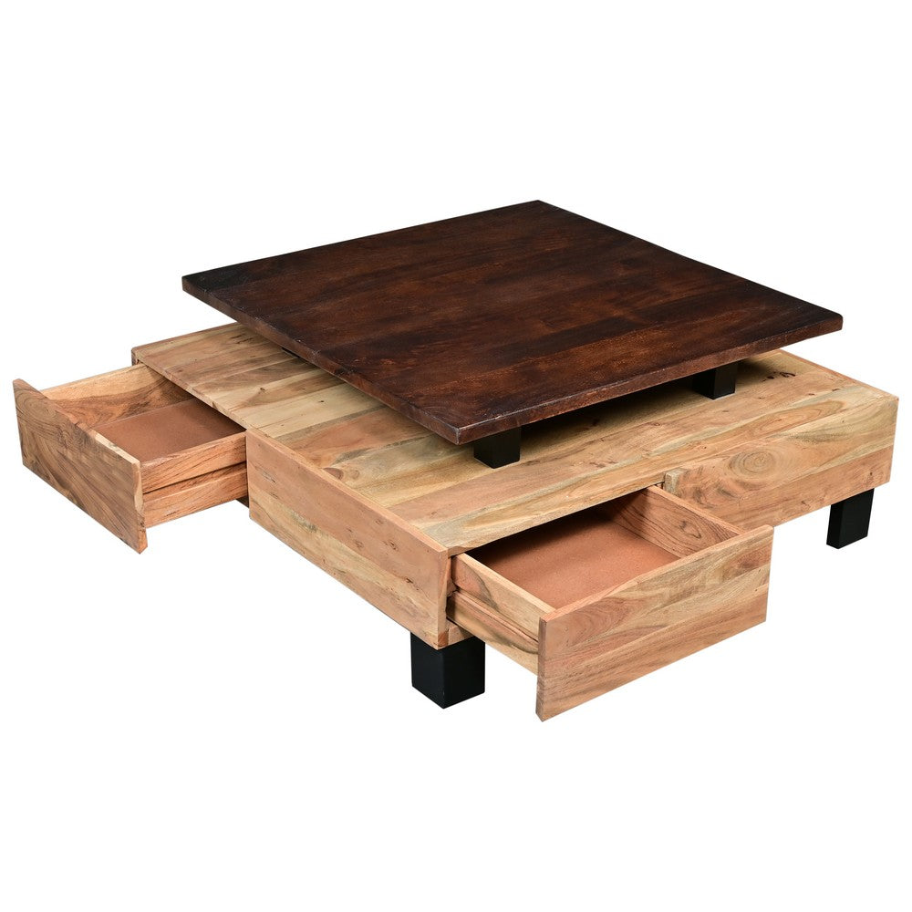 36 Inch Acacia Coffee Table, Handcrafted Modern Industrial Design, Two Tone Light And Dark Brown