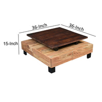 36 Inch Acacia Coffee Table, Handcrafted Modern Industrial Design, Two Tone Light And Dark Brown