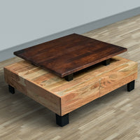 36 Inch Acacia Coffee Table, Handcrafted Modern Industrial Design, Two Tone Light And Dark Brown