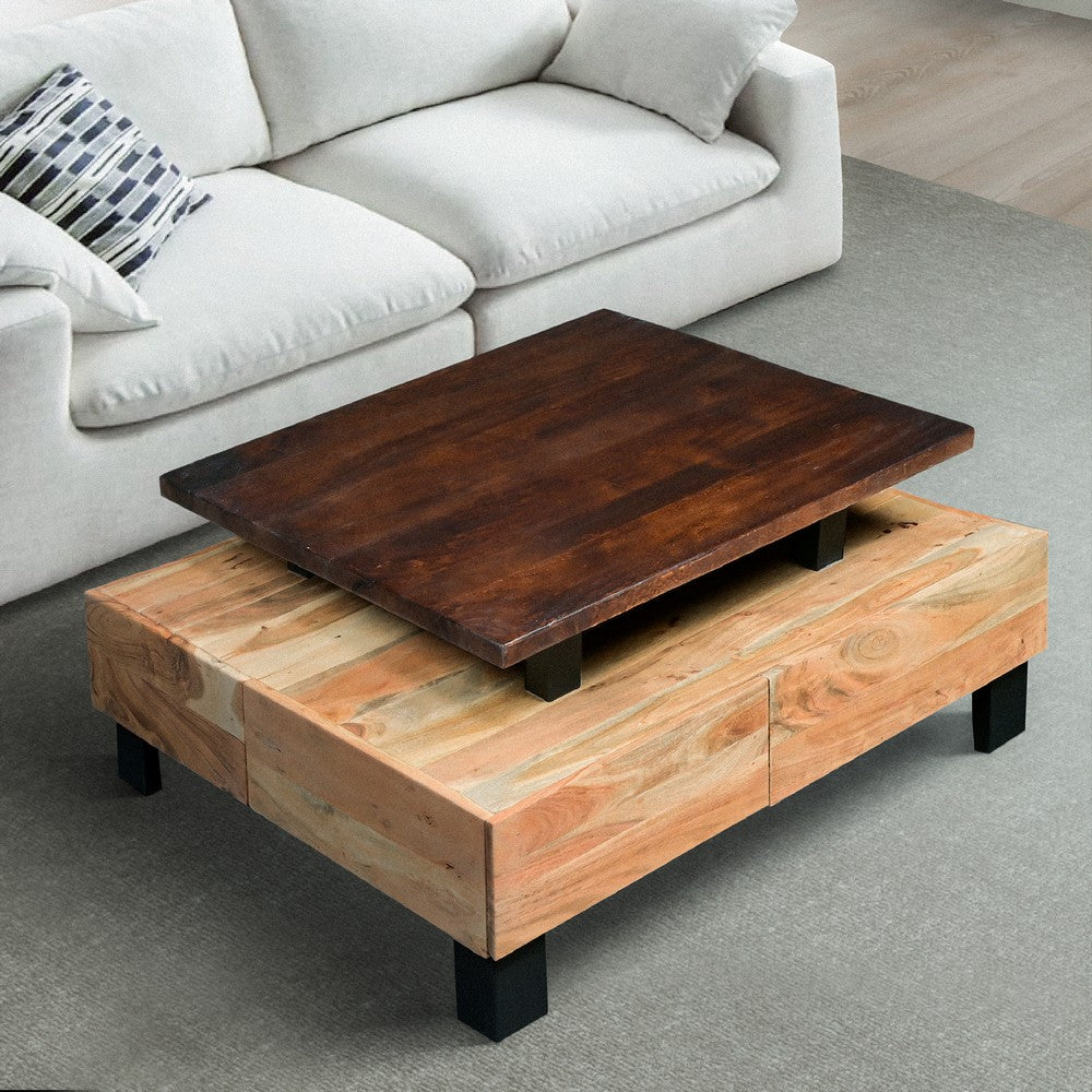 36 Inch Acacia Coffee Table, Handcrafted Modern Industrial Design, Two Tone Light And Dark Brown