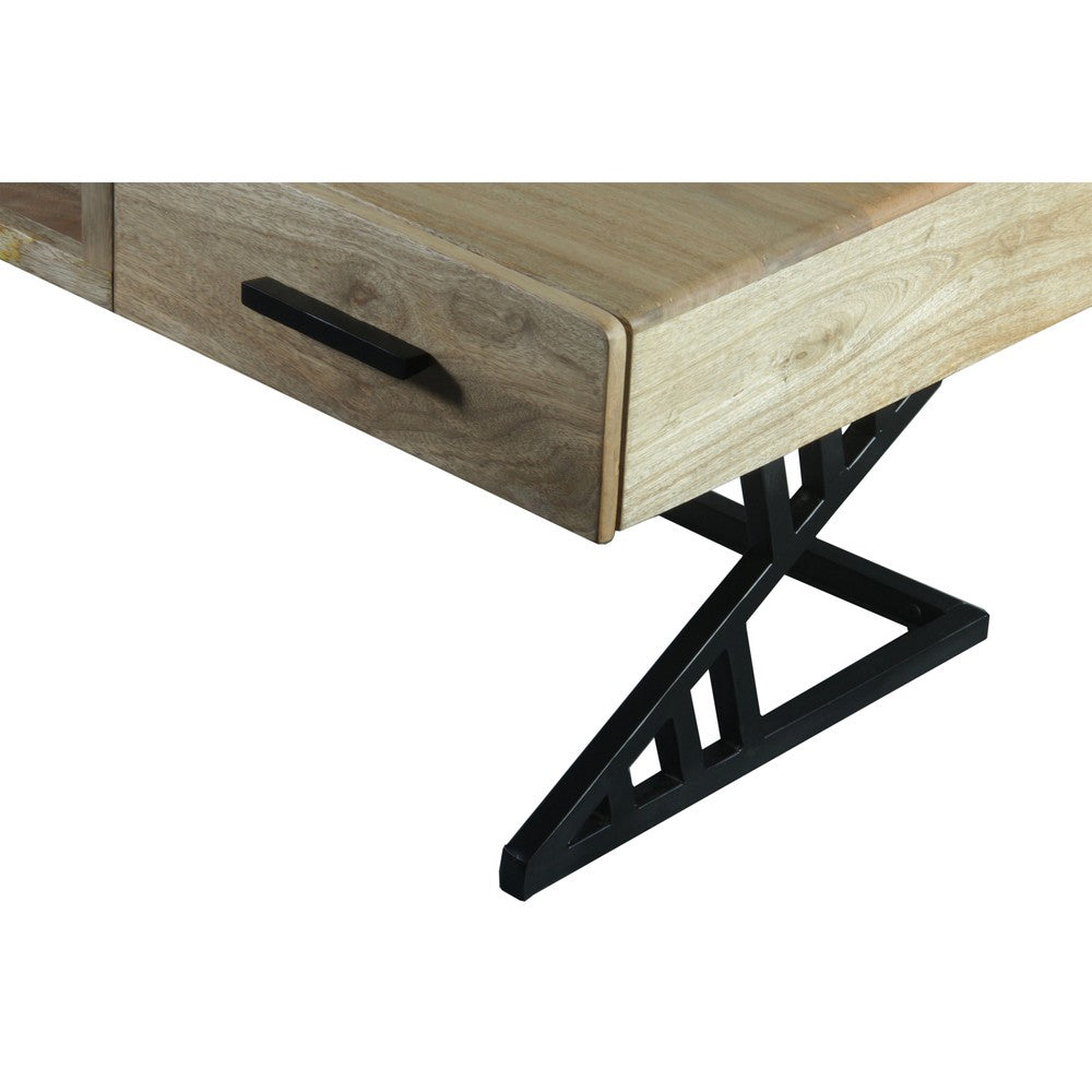 40 Inch Industrial Mango Wood Coffee Table, 1 Drawer, Iron Frame, Light Brown and Black - UPT-263762