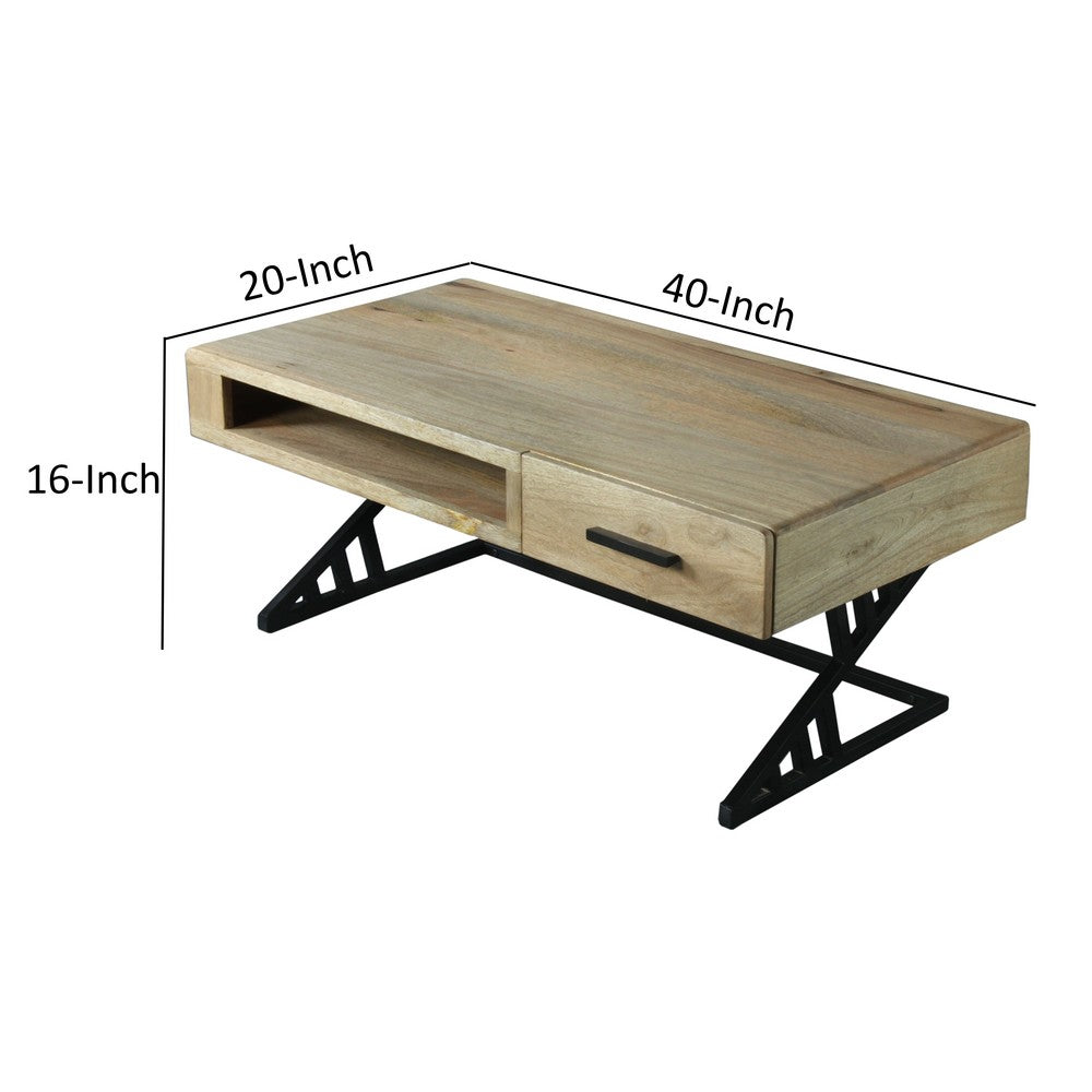 40 Inch Industrial Mango Wood Coffee Table, 1 Drawer, Iron Frame, Light Brown and Black - UPT-263762