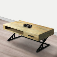 40 Inch Industrial Mango Wood Coffee Table, 1 Drawer, Iron Frame, Light Brown and Black - UPT-263762