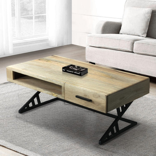 40 Inch Industrial Mango Wood Coffee Table, 1 Drawer, Iron Frame, Light Brown and Black - UPT-263762