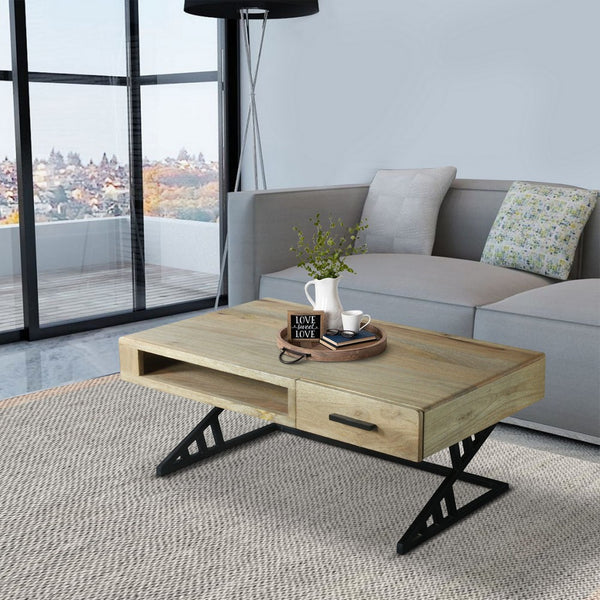 40 Inch Industrial Mango Wood Coffee Table, 1 Drawer, Iron Frame, Light Brown and Black - UPT-263762