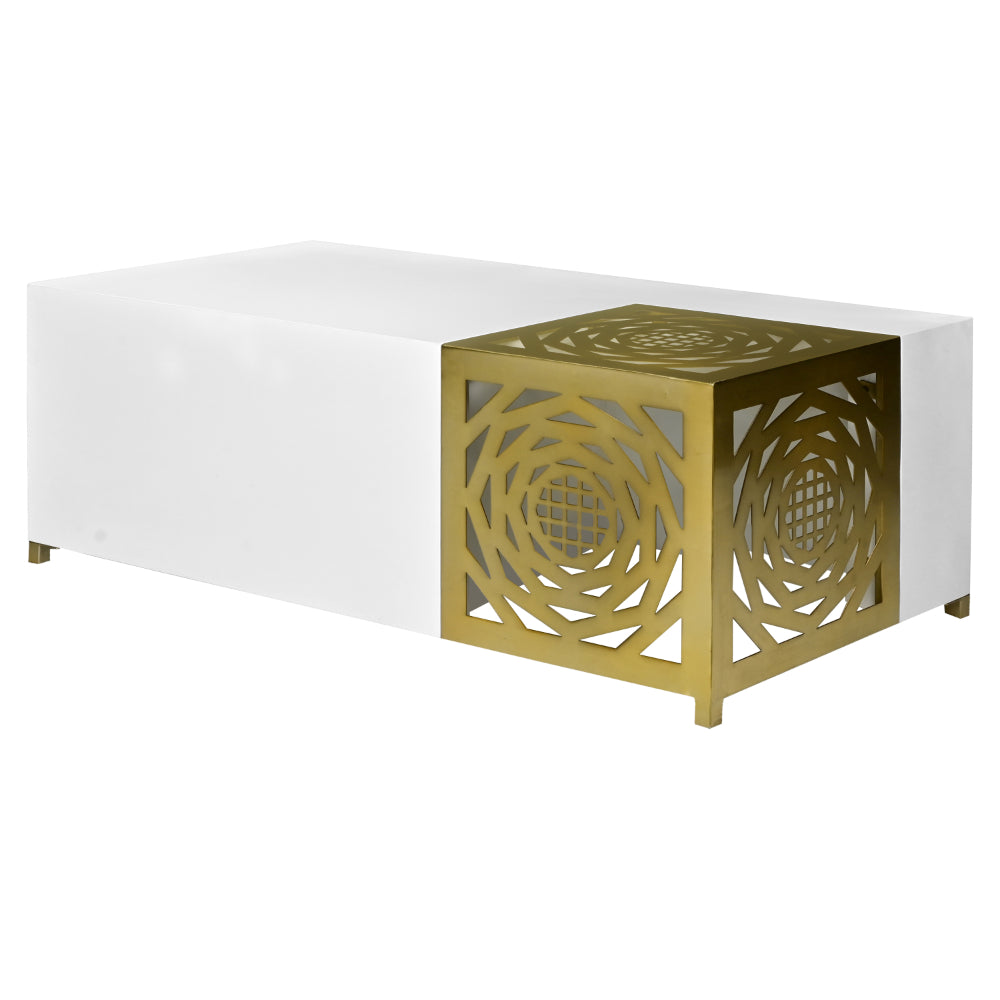 48 Inch Rectangular Modern Coffee Table with Geometric Cut Out Design, White and Brass - UPT-263766