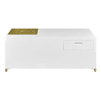 48 Inch Rectangular Modern Coffee Table with Geometric Cut Out Design, White and Brass - UPT-263766