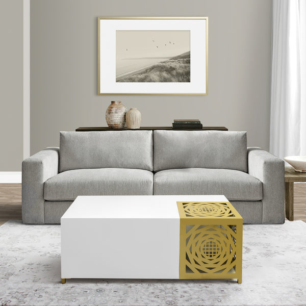 48 Inch Rectangular Modern Coffee Table with Geometric Cut Out Design, White and Brass - UPT-263766