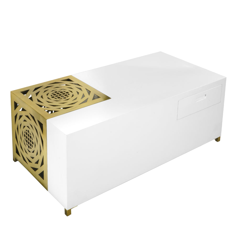 48 Inch Rectangular Modern Coffee Table with Geometric Cut Out Design, White and Brass - UPT-263766