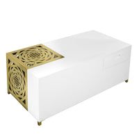 48 Inch Rectangular Modern Coffee Table with Geometric Cut Out Design, White and Brass - UPT-263766