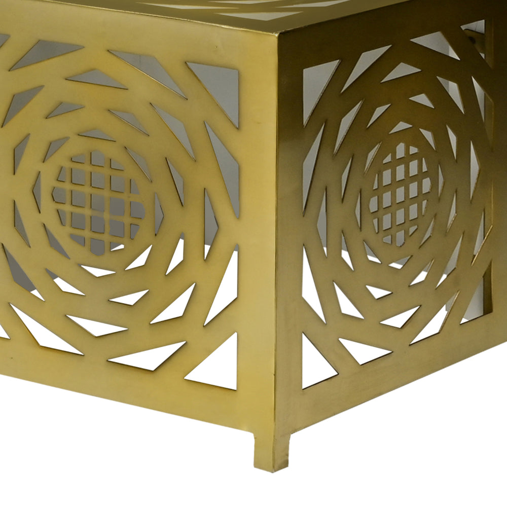 48 Inch Rectangular Modern Coffee Table with Geometric Cut Out Design, White and Brass - UPT-263766