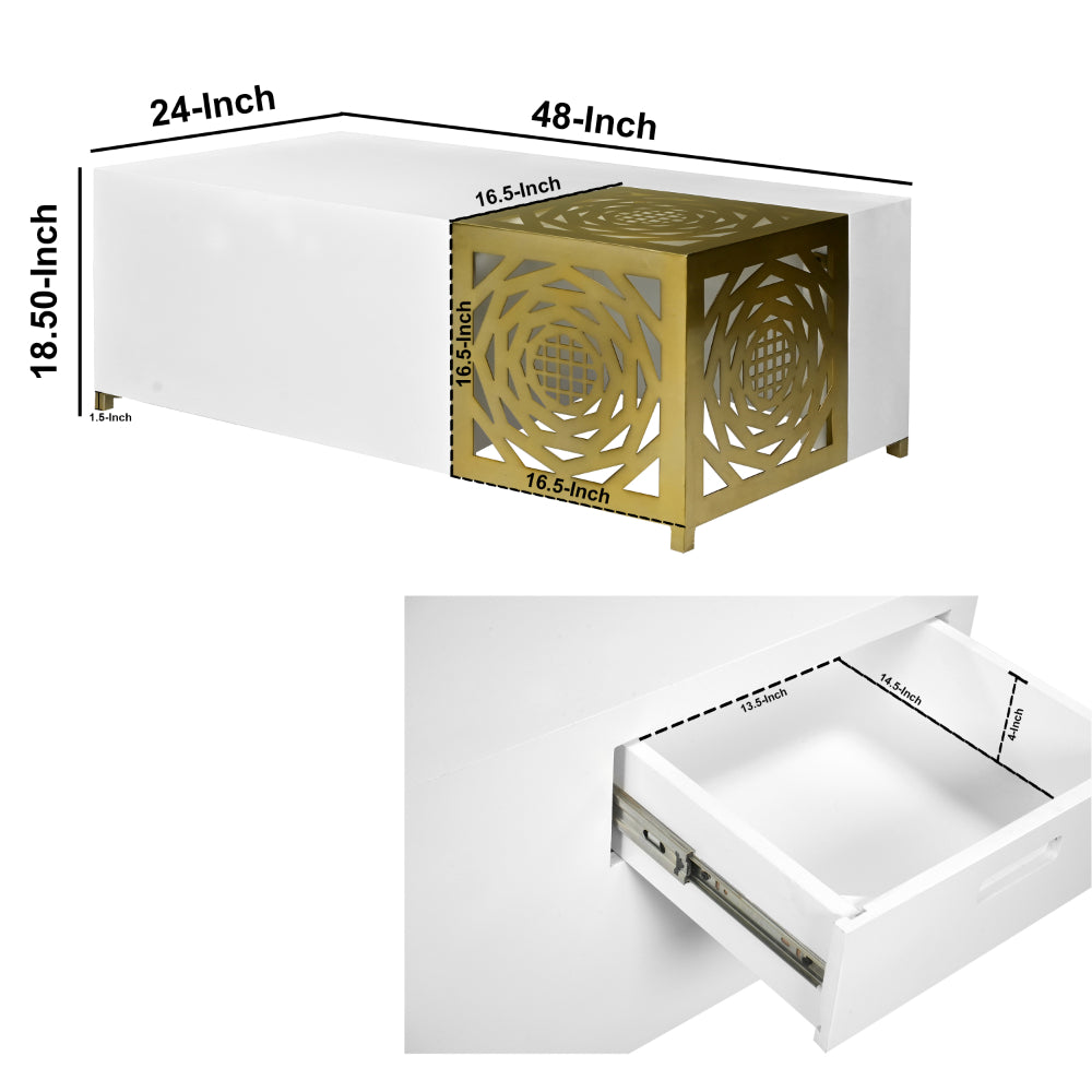 48 Inch Rectangular Modern Coffee Table with Geometric Cut Out Design, White and Brass - UPT-263766