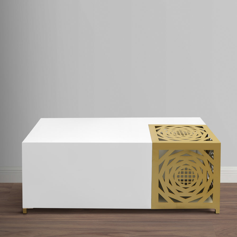 48 Inch Rectangular Modern Coffee Table with Geometric Cut Out Design, White and Brass - UPT-263766