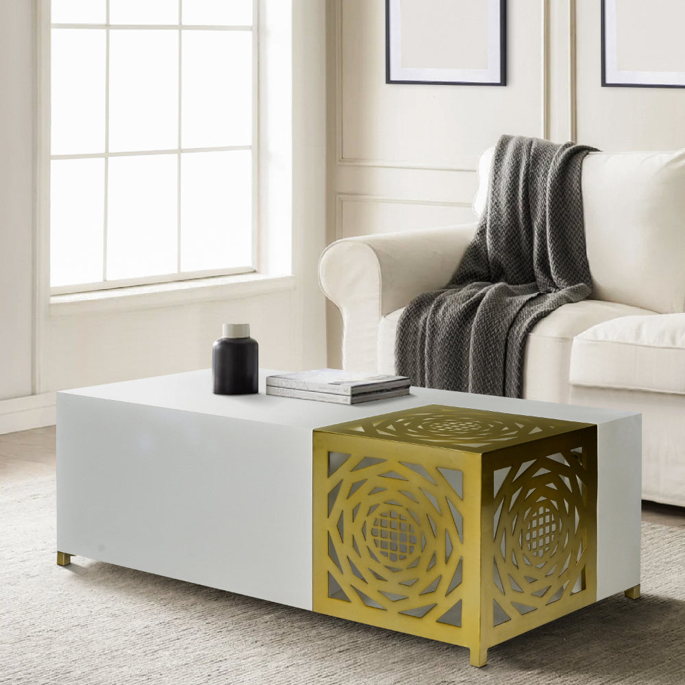 48 Inch Rectangular Modern Coffee Table with Geometric Cut Out Design, White and Brass - UPT-263766