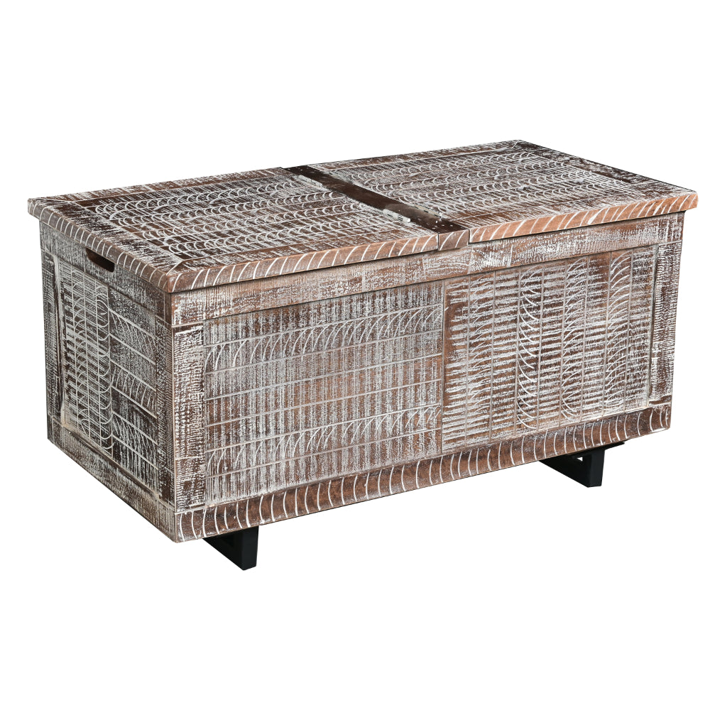 35 Inch Handcrafted Acacia Wood Trunk Coffee Table With Storage, Metal Sled Base, Distressed Brown, Black - UPT-263775