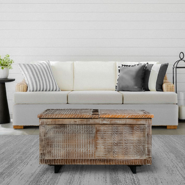 35 Inch Handcrafted Acacia Wood Trunk Coffee Table With Storage, Metal Sled Base, Distressed Brown, Black - UPT-263775