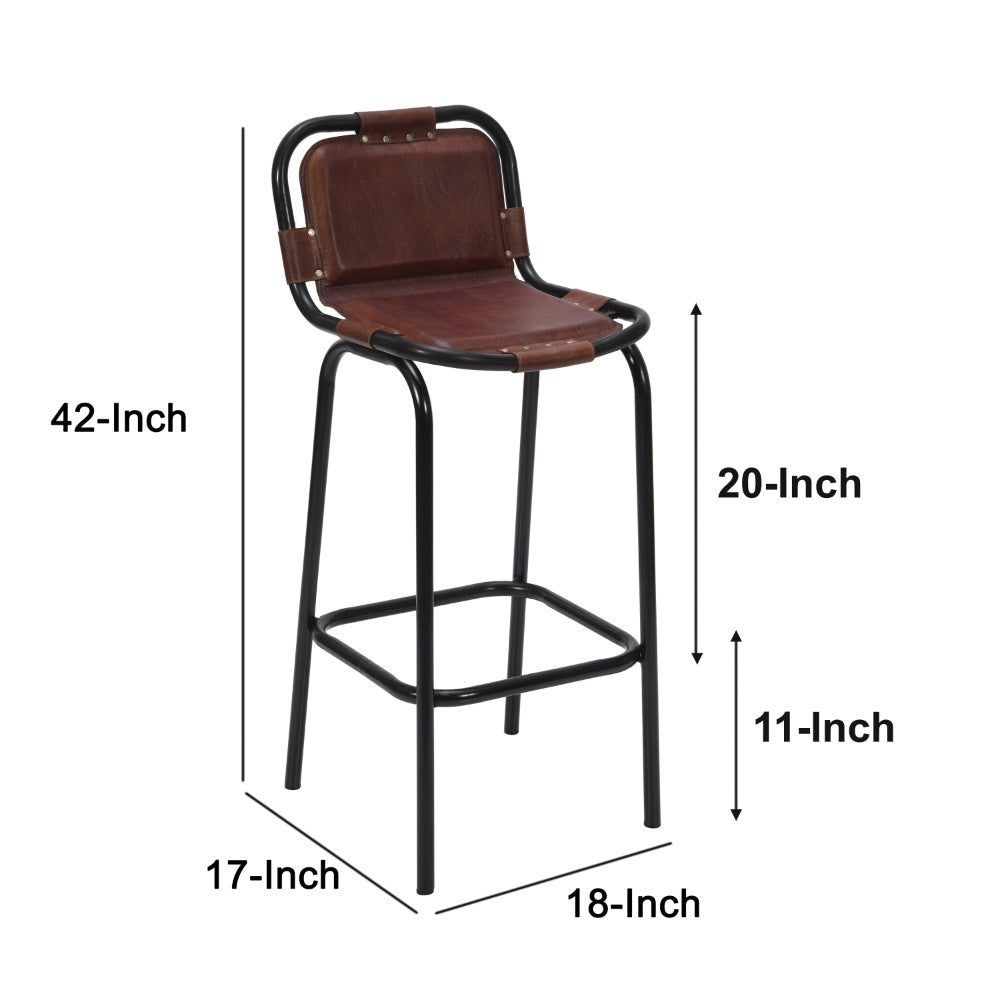 31 Inch Bar Height Chair, Genuine Leather Upholstery, Metal Frame, Brown, Black - UPT-263783