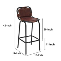 31 Inch Bar Height Chair, Genuine Leather Upholstery, Metal Frame, Brown, Black - UPT-263783