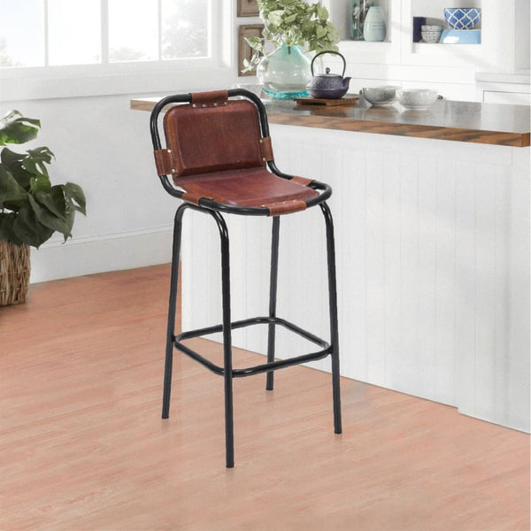 31 Inch Bar Height Chair, Genuine Leather Upholstery, Metal Frame, Brown, Black - UPT-263783