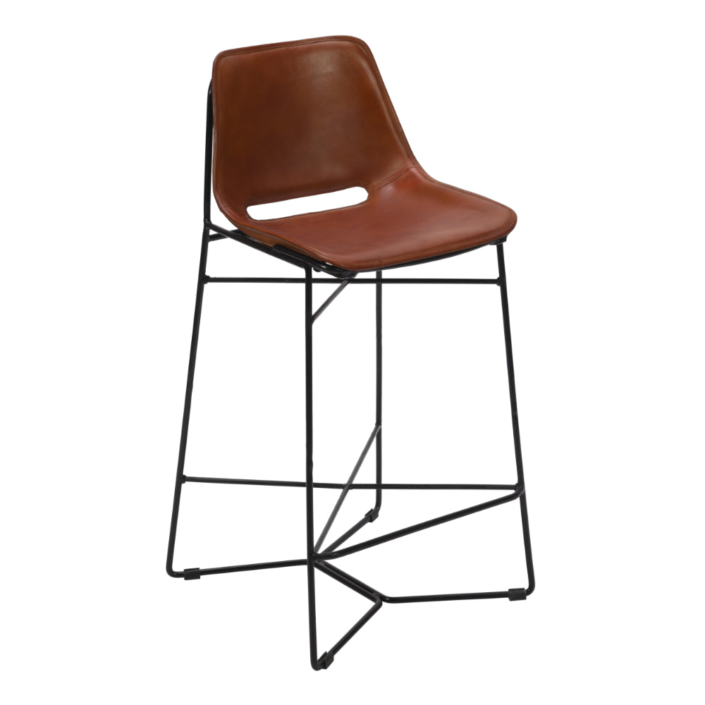 29 Inch Bar Height Chair, Curved Seat, Genuine Leather, Metal Frame, Tan Brown, Black - UPT-263784