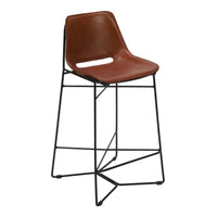 29 Inch Bar Height Chair, Curved Seat, Genuine Leather, Metal Frame, Tan Brown, Black - UPT-263784