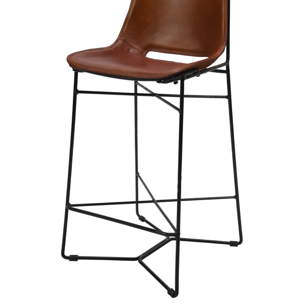 29 Inch Bar Height Chair, Curved Seat, Genuine Leather, Metal Frame, Tan Brown, Black - UPT-263784