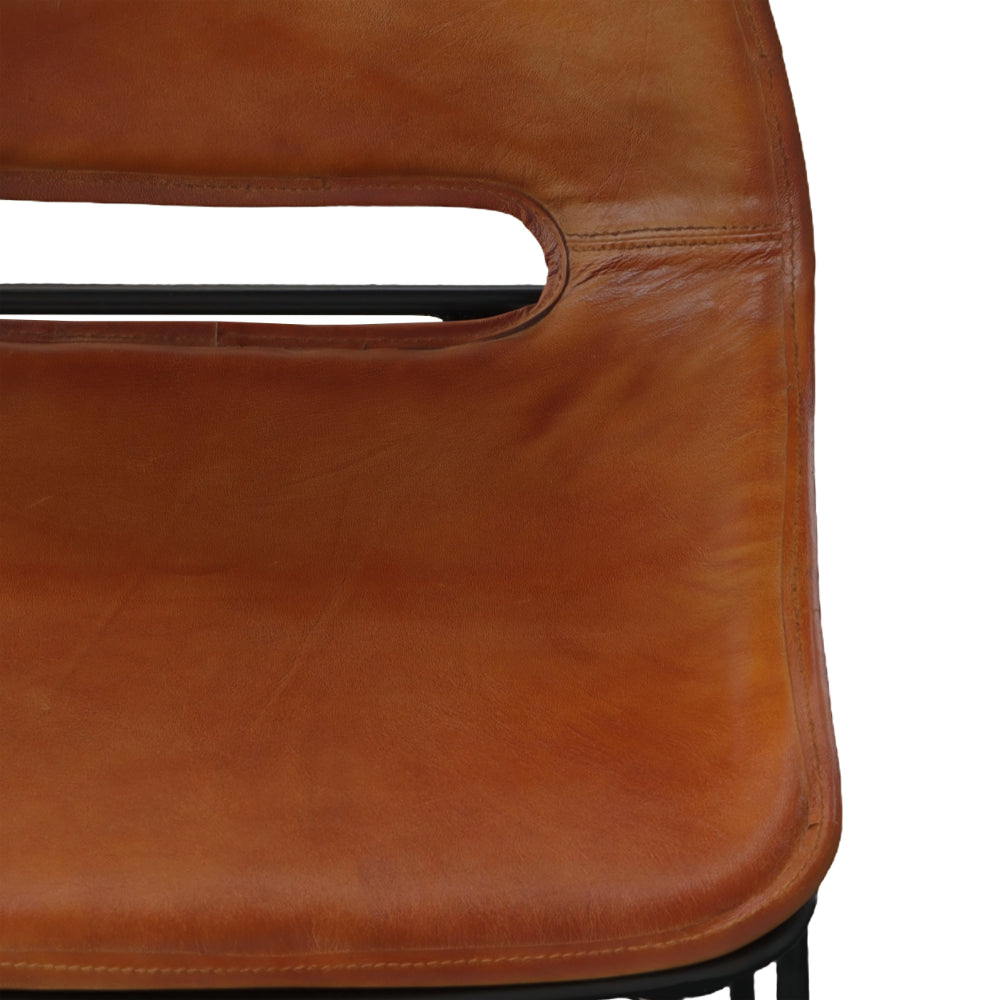 29 Inch Bar Height Chair, Curved Seat, Genuine Leather, Metal Frame, Tan Brown, Black - UPT-263784