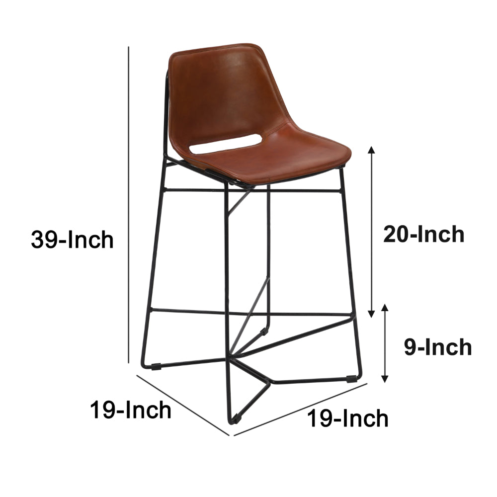 29 Inch Bar Height Chair, Curved Seat, Genuine Leather, Metal Frame, Tan Brown, Black - UPT-263784