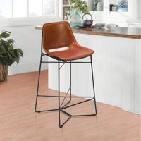 29 Inch Bar Height Chair, Curved Seat, Genuine Leather, Metal Frame, Tan Brown, Black - UPT-263784