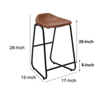 26 Inch Counter Height Bar Stool, Genuine Leather Bucket Seat, Metal, Brown, Black - UPT-263786