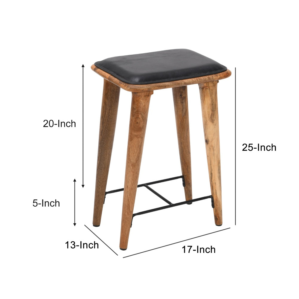 25 Inch Counter Height Bar Stool, Genuine Leather Seat, Mango Wood Frame, Black, Brown - UPT-263787