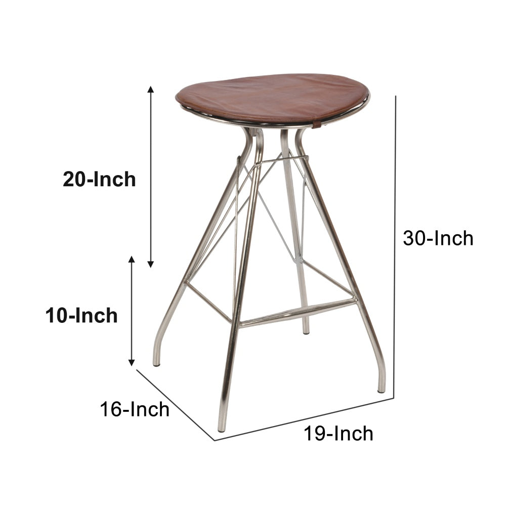 30 Inch Metal Frame Bar Stool, Round Genuine Leather Seat, Dark Brown, Silver - UPT-263788