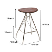 30 Inch Metal Frame Bar Stool, Round Genuine Leather Seat, Dark Brown, Silver - UPT-263788