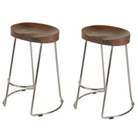 Ela 24 Inch Mango Wood Counter Height Stool, Saddle Seat, Iron, Set of 2, Walnut Brown, Silver - UPT-263790-2