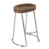 Ela 24 Inch Mango Wood Counter Height Stool, Saddle Seat, Iron, Set of 2, Walnut Brown, Silver - UPT-263790-2