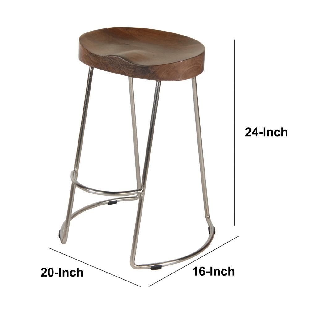 Ela 24 Inch Counter Height Stool with Mango Wood Saddle Seat, Iron Frame, Brown and Silver - UPT-263790