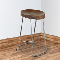 Ela 24 Inch Mango Wood Counter Height Stool, Saddle Seat, Iron, Set of 2, Walnut Brown, Silver - UPT-263790-2