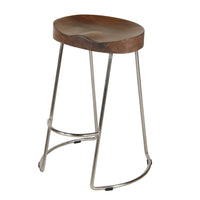 Ela 24 Inch Counter Height Stool with Mango Wood Saddle Seat, Iron Frame, Brown and Silver - UPT-263790