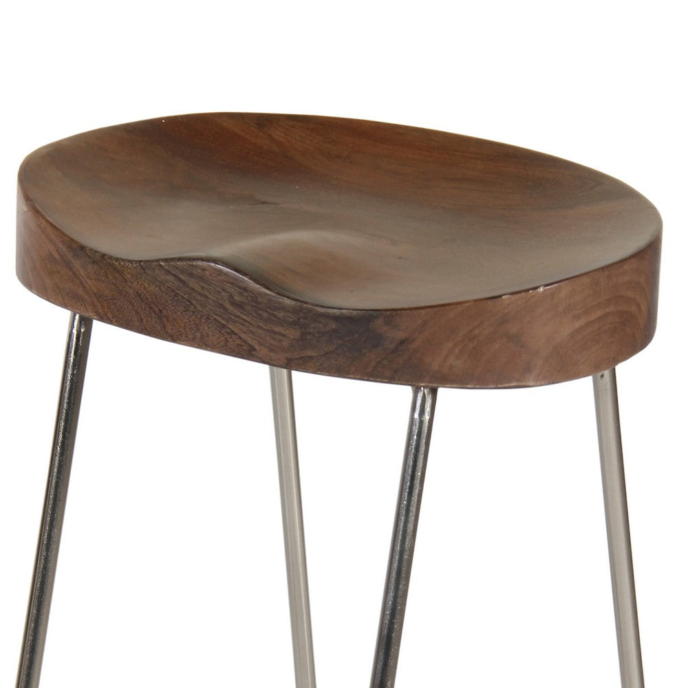 Ela 24 Inch Counter Height Stool with Mango Wood Saddle Seat, Iron Frame, Brown and Silver - UPT-263790