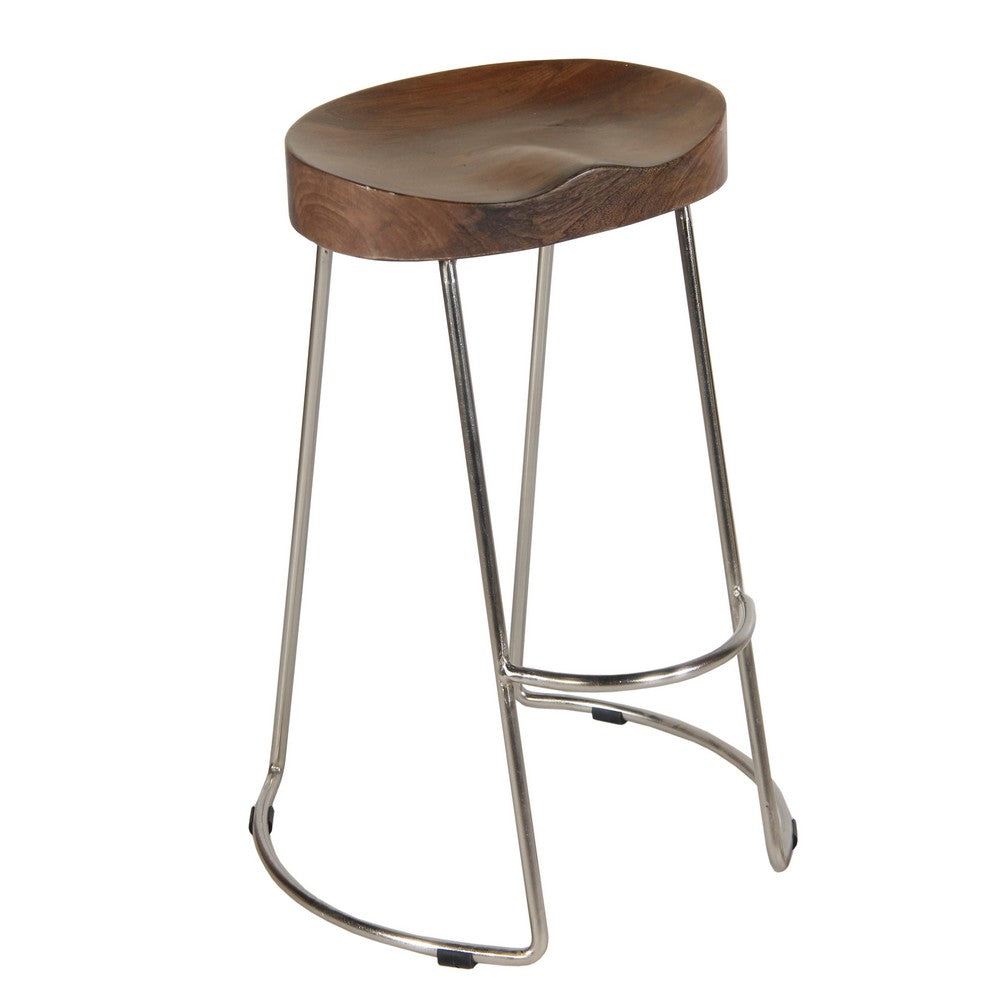 Ela 30 Inch Bar Stool with Mango Wood Saddle Seat, Iron Frame, Brown and Silver - UPT-263791